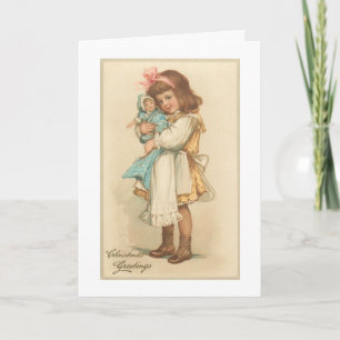 Vintage Kerstgroeten Meisje met Doll Feestdagen Kaart