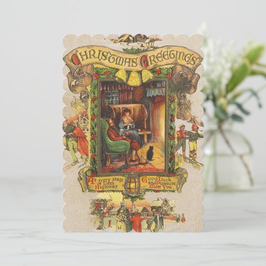 Vintage kerstgroeten Platte fotokaart Feestdagenkaart (Staand voorkant)