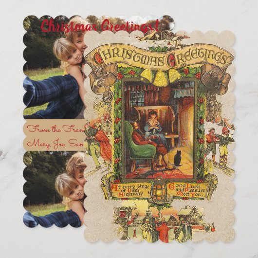 Vintage kerstgroeten Platte fotokaart Feestdagenkaart (Voorkant / Achterkant)
