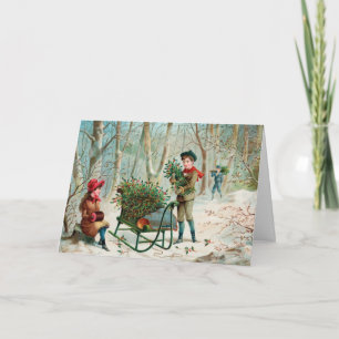 Vintage kerstgroetings Gathering Holly Feestdagen Kaart