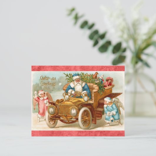 Vintage kerstgroetings Santa en Angel Briefkaart (Staand voorkant)