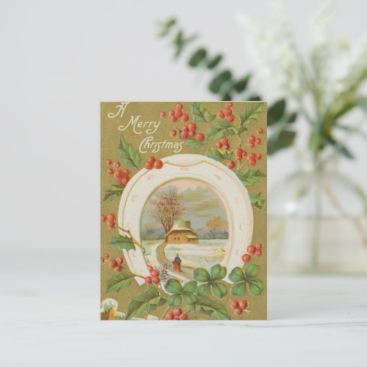 Vintage-kerstHoefijzer en Holly Feestdagenkaart (Staand voorkant)
