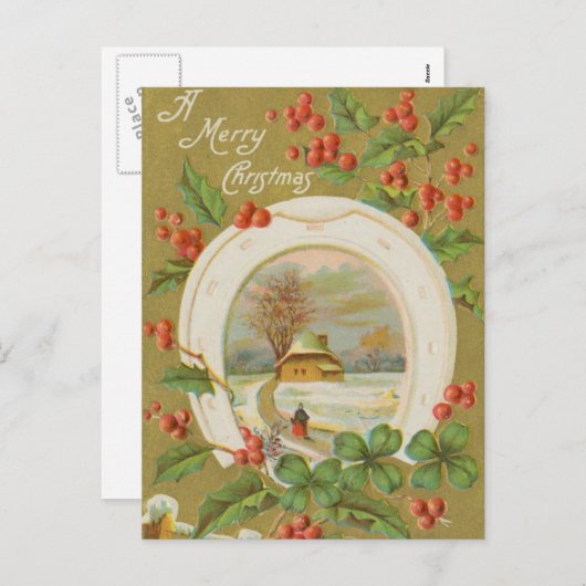 Vintage-kerstHoefijzer en Holly Feestdagenkaart (Voorkant / Achterkant)