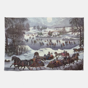 Vintage kersthoezen, centraal park in de winter theedoek