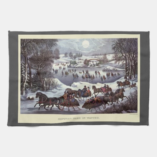 Vintage kersthoezen, centraal park in de winter theedoek (Horizontaal)