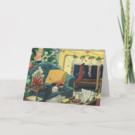 Vintage kersthuisjes in de leefruimte feestdagen kaart (Voorkant)