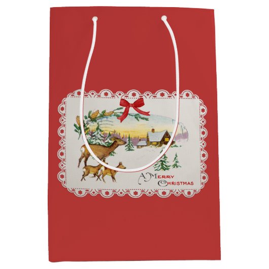 Vintage Kersthut & Herten Medium Cadeauzakje (Voorkant)