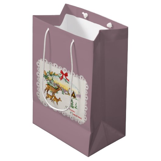 Vintage Kersthut & Herten Medium Cadeauzakje (Voorkant Gekanteld)