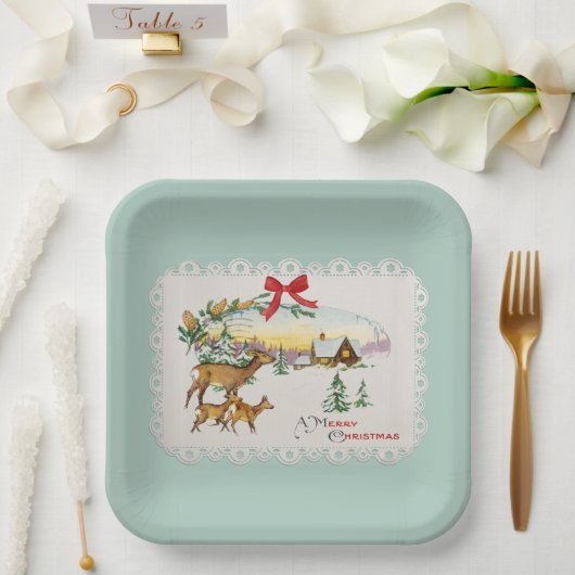 Vintage Kersthut & Herten Papieren Bordje (Huwelijk)