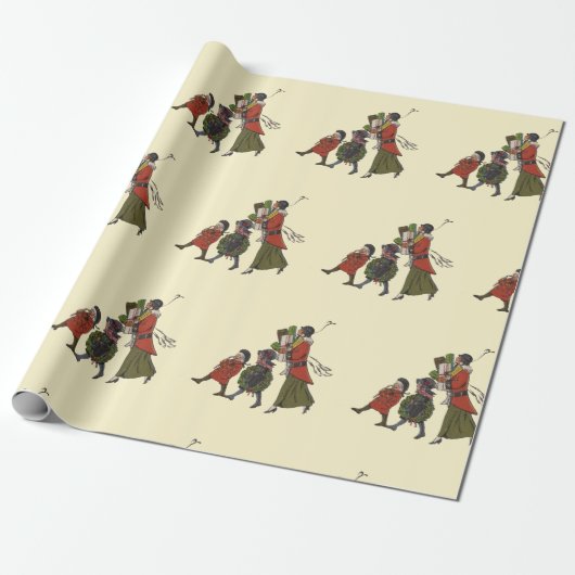 Vintage kerstinkopen familie plezier cadeaupapier (Uitgerold)