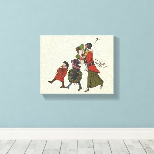 Vintage kerstinkopen familie plezier canvas afdruk (Insitu (Houten vloer))