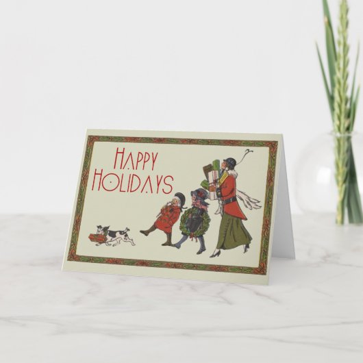 Vintage kerstinkopen familie plezier feestdagen kaart (Voorkant)