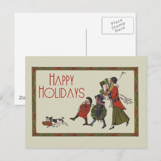 Vintage kerstinkopen familie plezier feestdagenkaart (Voorkant / Achterkant)