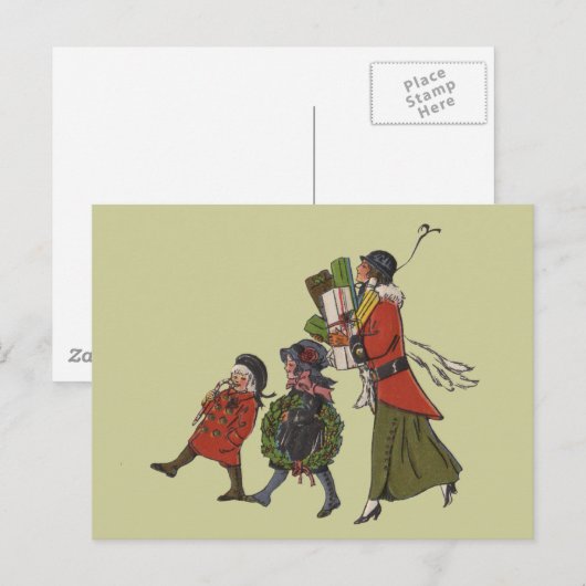 Vintage kerstinkopen familie plezier feestdagenkaart (Voorkant / Achterkant)