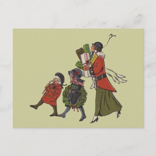 Vintage kerstinkopen familie plezier feestdagenkaart (Voorkant)