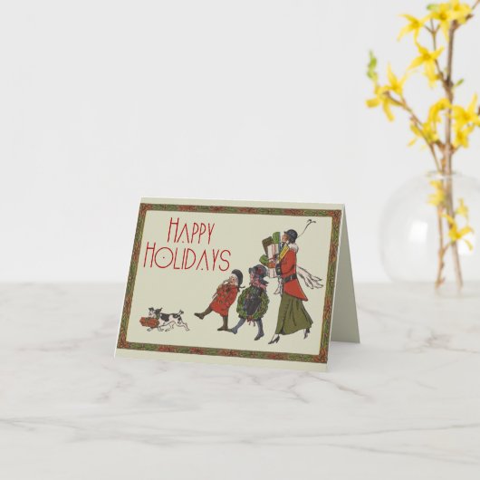 Vintage kerstinkopen familie plezier kaart (Gele Bloem)