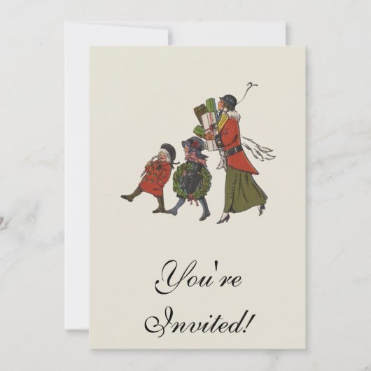 Vintage kerstinkopen familie plezier kaart (Voorkant)