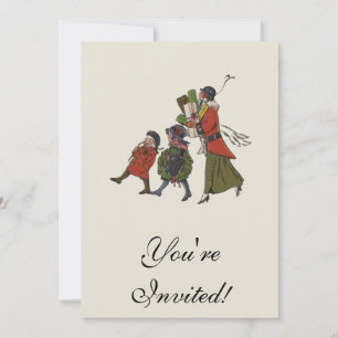 Vintage kerstinkopen familie plezier kaart