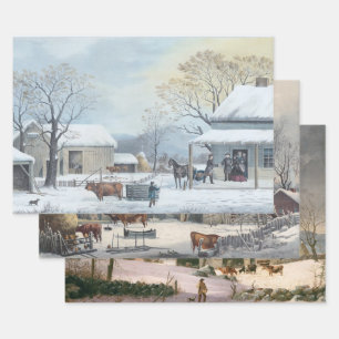 Vintage kerstinpakken voor papierWINTER FARMYARD Inpakpapier Vel