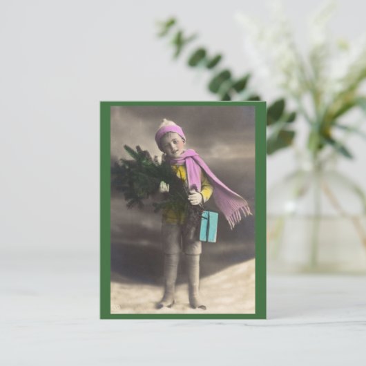 Vintage Kerstjongen, Boom & Cadeaus Feestdagenkaart (Staand voorkant)