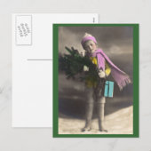 Vintage Kerstjongen, Boom & Cadeaus Feestdagenkaart (Voorkant / Achterkant)