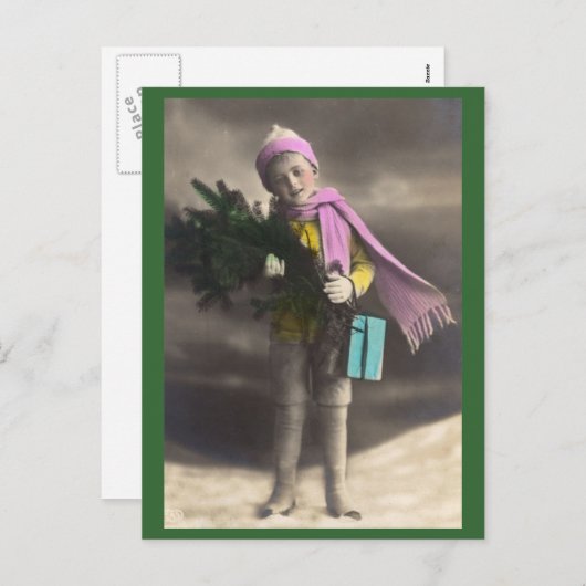 Vintage Kerstjongen, Boom & Cadeaus Feestdagenkaart (Voorkant / Achterkant)