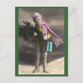 Vintage Kerstjongen, Boom & Cadeaus Feestdagenkaart (Voorkant)