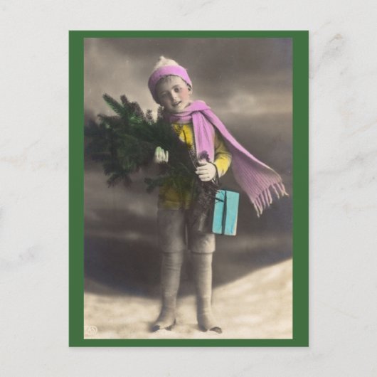 Vintage Kerstjongen, Boom & Cadeaus Feestdagenkaart (Voorkant)