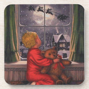 Vintage kerstjongen die op de kerstman kijkt onderzetter