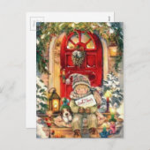Vintage-kerstjongen en hond feestdagenkaart (Voorkant / Achterkant)