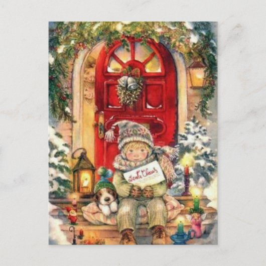 Vintage-kerstjongen en hond feestdagenkaart (Voorkant)