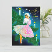 Vintage kerstkaars meisje iriserende glitter bedankkaart (Staand voorkant)