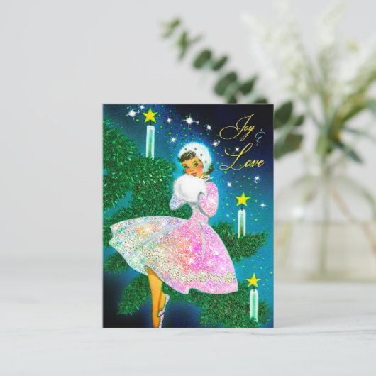 Vintage kerstkaars meisje iriserende glitter briefkaart (Staand voorkant)