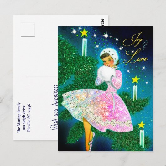 Vintage kerstkaars meisje iriserende glitter briefkaart (Voorkant / Achterkant)