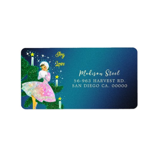 Vintage kerstkaars meisje iriserende glitter etiket (Voorkant)