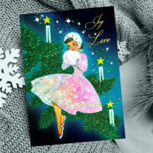 Vintage kerstkaars meisje iriserende glitter