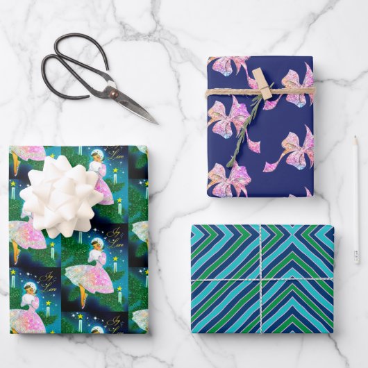 Vintage kerstkaars meisje iriserende glitter inpakpapier vel (Voorkant)