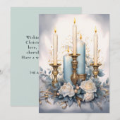 Vintage kerstkaarsen blauw wit goud feestdagenkaart (Voorkant / Achterkant)