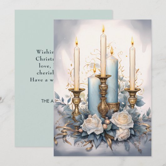 Vintage kerstkaarsen blauw wit goud feestdagenkaart (Voorkant / Achterkant)