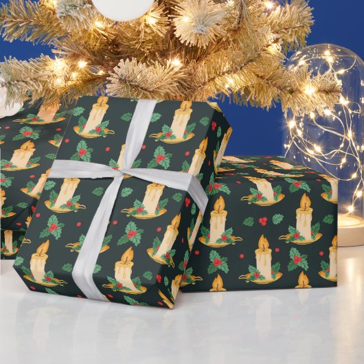 Vintage Kerstkaarsen Holly Patroon Cadeaupapier (Feestdagen)