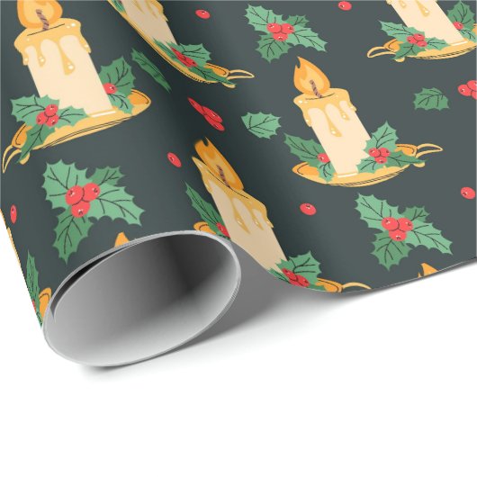 Vintage Kerstkaarsen Holly Patroon Cadeaupapier (Rol Hoek)