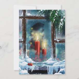 Vintage kerstkaarsen in raam feestdagenkaart