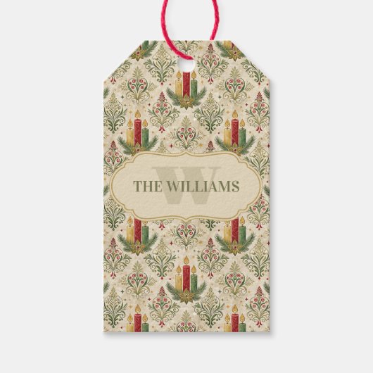 Vintage Kerstkaarsen & Ornamenten Monogram Cadeaulabel (Voorkant)