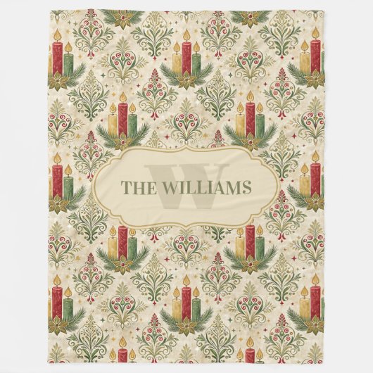 Vintage Kerstkaarsen & Ornamenten Monogram Fleece Deken (Voorkant)