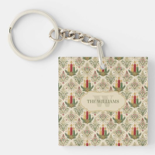 Vintage Kerstkaarsen & Ornamenten Monogram Sleutelhanger (Voorkant)