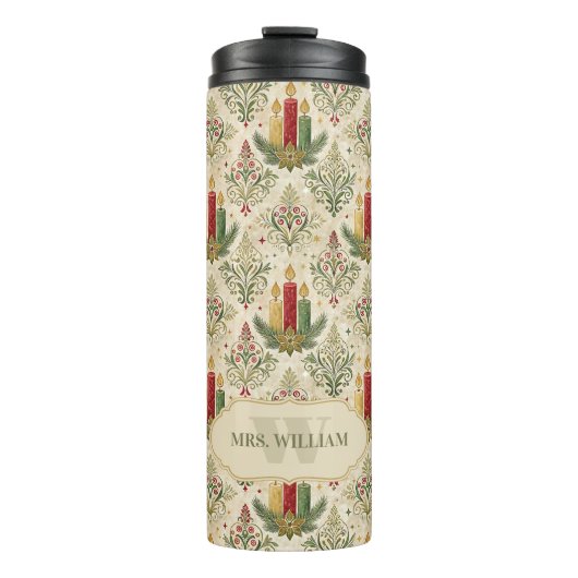 Vintage Kerstkaarsen & Ornamenten Monogram Thermosbeker (Voorkant)
