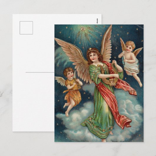 Vintage-kerstkaart | Angels en Harp Feestdagenkaart (Voorkant / Achterkant)