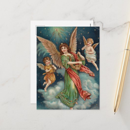 Vintage-kerstkaart | Angels en Harp Feestdagenkaart (Voorkant / Achterkant in situ)