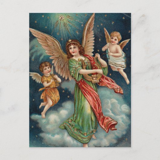 Vintage-kerstkaart | Angels en Harp Feestdagenkaart (Voorkant)