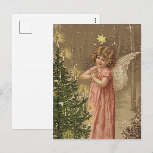 Vintage-kerstkaart | Engel en kerstboom Feestdagenkaart (Voorkant / Achterkant)
